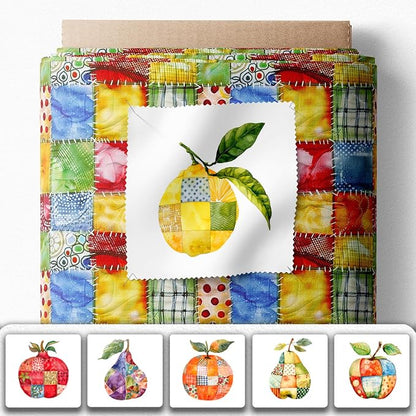 Fruit Patchwork Cotton Fabric Panel – 6 Fruit Designs (10×10 inch Each) + Bonus Patchwork Sheet 29.5×19.6 inch, 100% Cotton 140 GSM