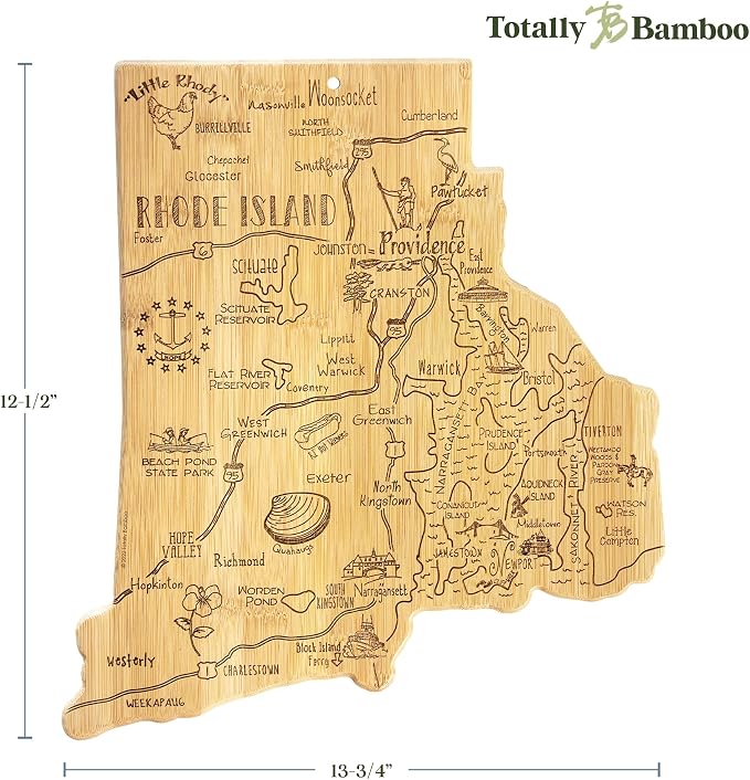 Totally Bamboo Destination Rhode Island State Shaped Serving and Cutting Board, Includes Hang Tie for Wall Display