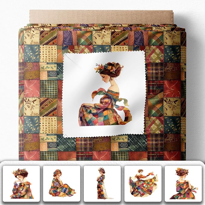 Elegant Lady Patchwork Cotton Fabric Panel – 6 Designs (10×10 inch Each) + Bonus Patchwork Sheet 29.5×19.6 inch, 100% Cotton 140 GSM