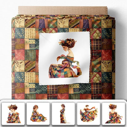 Elegant Lady Patchwork Cotton Fabric Panel – 6 Designs (10×10 inch Each) + Bonus Patchwork Sheet 29.5×19.6 inch, 100% Cotton 140 GSM