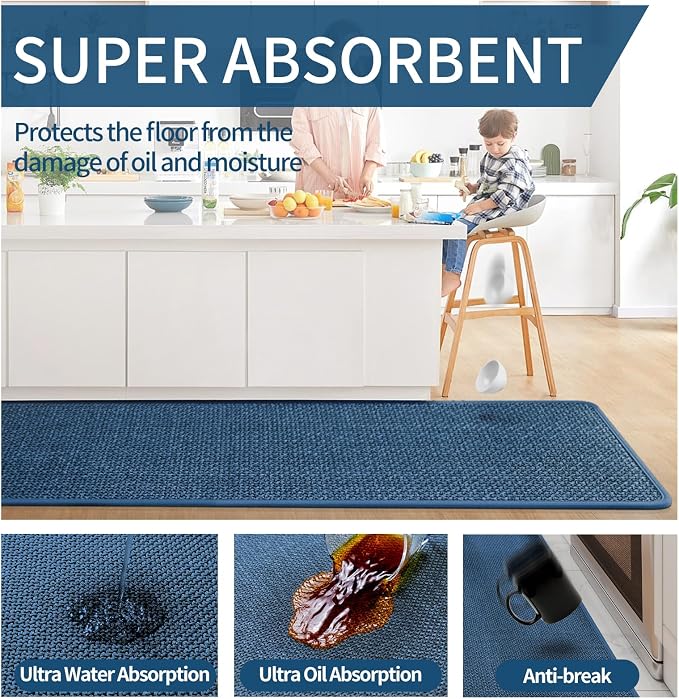 YDKGL Kitchen Mats for Floor, Super Absorbent Kitchen Rugs Non Slip Washable, Soft Imitation Linen Braided Kitchen Runner Rug, Standing Mat Sink Mat, Easy to Clean, Blue 17x47