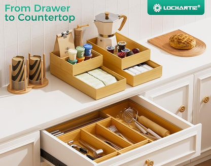 Bamboo Kitchen Drawer Organizer Boxes – 9" x 3" Stackable Wood Silverware Utensil Tray for Drawers Bins, Cutlery & Flatware Storage – Wooden Organizers Set of 2 for Junk Drawer, Bathroom, RV