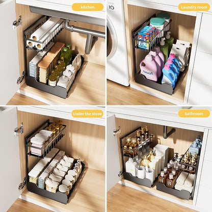 PureBox Under Sink Organizer, 2-Tier L-Shaped Pull Out Cabinet Shelf with 2 Installation Methods, Adjustable Sliding Storage Drawer for Kitchen, Bathroom, Laundry, Metal, Black, 2-Pack