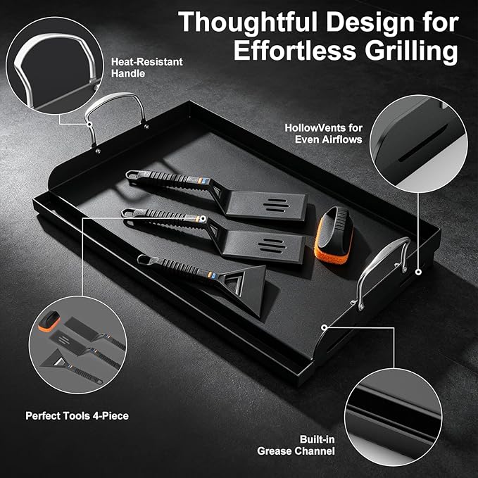 25" x 16" Cast Iron Griddle for Gas Grill with Silicone Griddle Tool Kit, Pre-Seasoned Grill Griddle for Gas/Charcoal Grills, Flat Top Grill Accessories Set with Spatulas, Scraper Cleaning Brush