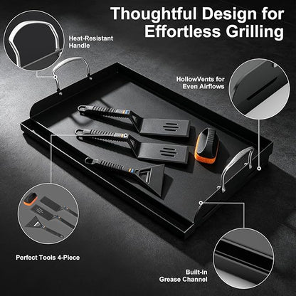 25" x 16" Cast Iron Griddle for Gas Grill with Silicone Griddle Tool Kit, Pre-Seasoned Grill Griddle for Gas/Charcoal Grills, Flat Top Grill Accessories Set with Spatulas, Scraper Cleaning Brush