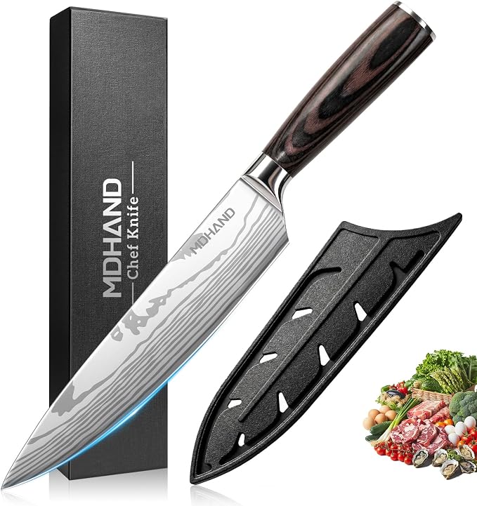 MDHAND 8 Inch Chef Knife, Professional High Carbon Stainless Steel Kitchen Knife with Ergonomic Pakkawood Handle, Ultra Sharp Cooking Knives, Dishwasher Safe, Chef Gifts