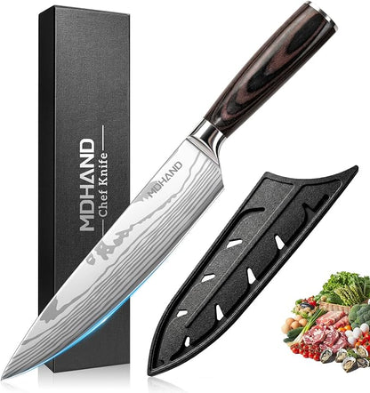 MDHAND 8 Inch Chef Knife, Professional High Carbon Stainless Steel Kitchen Knife with Ergonomic Pakkawood Handle, Ultra Sharp Cooking Knives, Dishwasher Safe, Chef Gifts