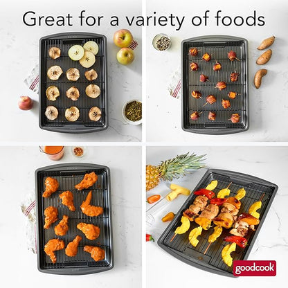 GoodCook 15” x 10.5” Nonstick Carbon Steel Baking Pan & Raised Wire Rack – Pizza Crisper,Crispy Bacon,Multipurpose Cooking Sheet Pan,Cooling Rack,Kitchen Cookware Set,Dishwasher Safe,(Pack of 12)