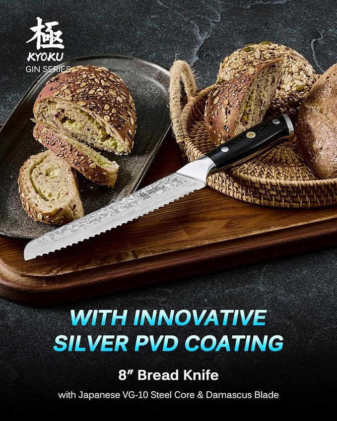 KYOKU 8" Serrated Bread Knife - Gin Series - VG10 Damascus Japanese Style Steel Kitchen Knife with Silver Ion Blade G10 Handle Mosaic Pin, Professional Razor-Sharp Bread Cutting Slicing