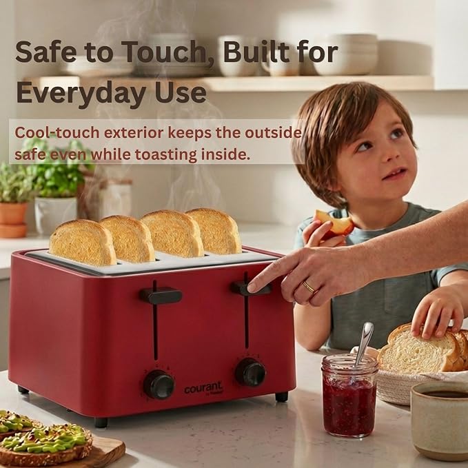 Courant 4 -Slice Toaster Cool Touch with Extra Wide Slots For Bread, Bagels & Waffle with 6 Adjustable Shade Settings, CrumbTray & Cancel Function Extra-Lift Feature, compact Design – Red