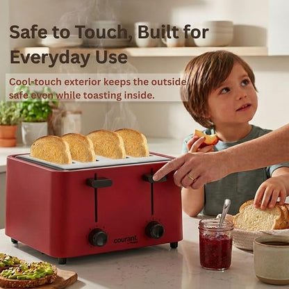 Courant 4 -Slice Toaster Cool Touch with Extra Wide Slots For Bread, Bagels & Waffle with 6 Adjustable Shade Settings, CrumbTray & Cancel Function Extra-Lift Feature, compact Design – Red