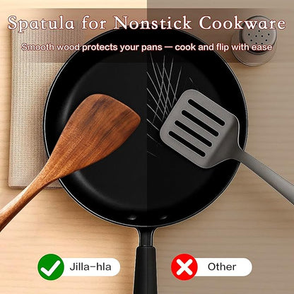 Jilla-hla Wooden Spatula Nonstick Turner Acacia Wood, Right Long Handle Flat Frying Spatulas Handmade for Mother Wife Grandma Her Kitchen Gift, Ideal Cookware Utensils for Cooking Eggs, Fish, Pancakes