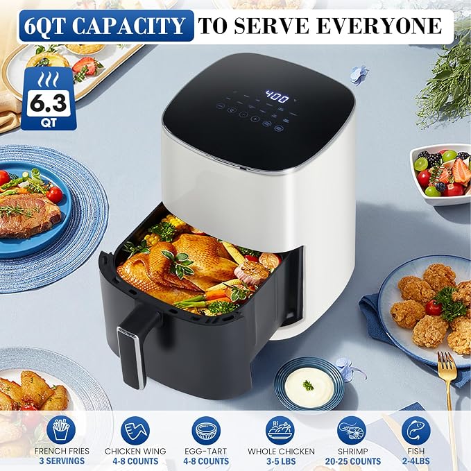NEWBULIG Air Fryer, 6QT Square Airfryer with Visual Window, 400℉ Fast Heating Air Fryers Oven with Timer, Auto-Off, Non Toxic & Non Stick, Multiple 12 Modes for Roast, Bake, Dehydrate, Fry, Reheat