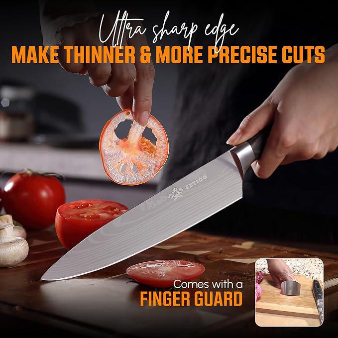 8 inch Professional Chef Cooking Knife with Finger Guard - Super Sharp Kitchen Knife for Precision Cutting - Ideal Kitchen Gadget for Chefs with Ergonomic Handle.