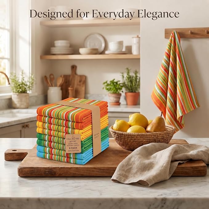 Urban Villa Kitchen Towels 100% Cotton Dish Towels for Kitchen(Set of 8)20”x30” Dish Cloths Highly Absorbent Kitchen Linen Set with Hanging Loop Perfect for Drying Dishes Cleaning Towels -Multi Color