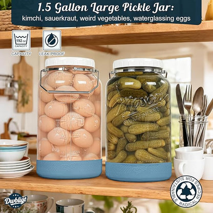 1.5 Gallon Huge Glass Jar with Airtight Lid, Wide Mouth Large Mason Jars for Fermenting, Pickling, Canning, Water Glassing Eggs, Kombucha, and Food Storage – with Handle & Scale Marks(2 Packs)