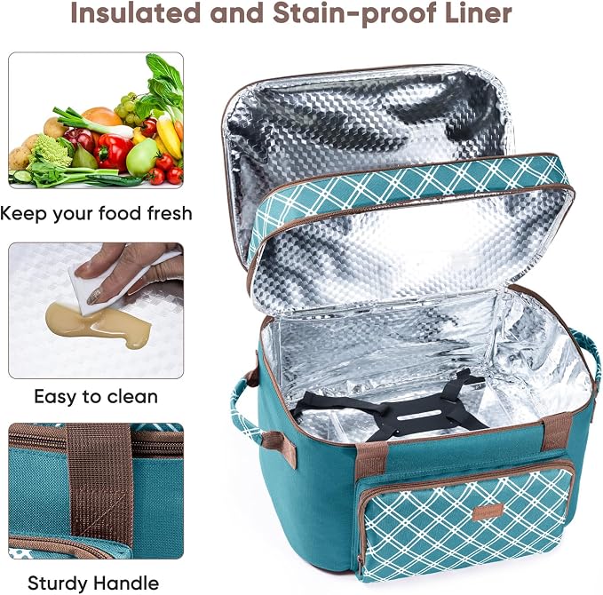 Double Layer Slow Cooker Carrier Bag – Fits 6–8 Qt Oval Slow Cooker Compatible with CrockPot & Hamilton Beach | Insulated Travel Tote with Utensil Storage & Adjustable Straps