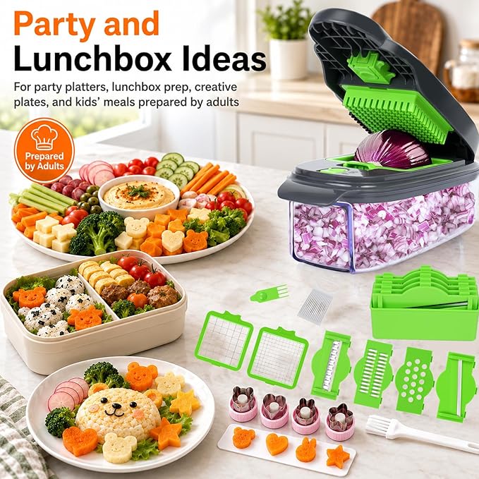 13-in-1 Vegetable Chopper, Full-Function Onion Chopper Slicer Dicer with Decorative Molds, 1.5L Container, Hand Guard and Blade Storage for Party and Lunchbox Prep, Gray Green(Grey & Green)