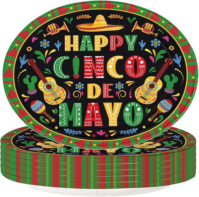 50Pcs Cinco De Mayo Oval Paper Plates 10" x 12" Large Disposable Heavy Duty Mexican Fiesta Paper Platters Black Mexico Taco Fiesta Dessert Plates for Mexican Cinco De Mayo Festive Party Supplies