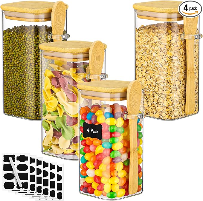 Glass Jars with Bamboo Lids and Spoons - 4 Pack 23 Fl.oz Square Glass Pantry Jars with Airtight Lid, Includes Labels and Marker, Loose Leaf Tea Storage Container for Sugar, Coffee, Oats, Candy