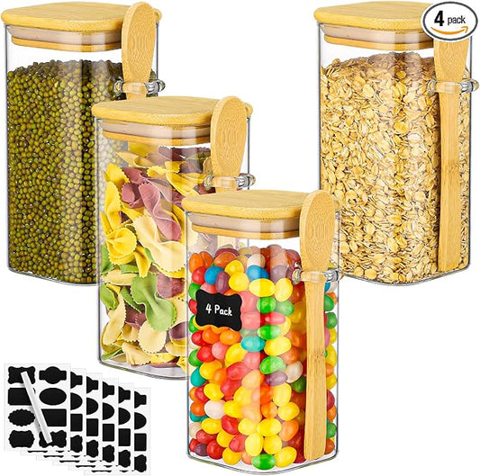 Glass Jars with Bamboo Lids and Spoons - 4 Pack 23 Fl.oz Square Glass Pantry Jars with Airtight Lid, Includes Labels and Marker, Loose Leaf Tea Storage Container for Sugar, Coffee, Oats, Candy