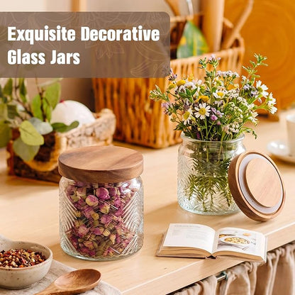 Suclain 6 Pcs 17 OZ Vintage Glass Jar with Acacia Wood Lids Airtight Glass Storage Canisters Kitchen Spice Jars Food Storage Containers for Pantry Coffee Grains Tea Sugar Flour(Leaf)