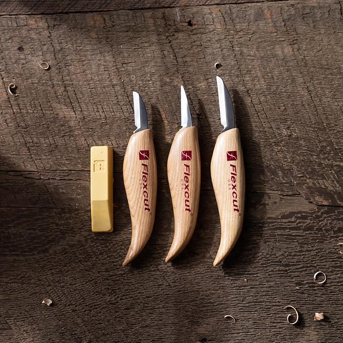Flexcut Wood Carving Knives | Starter Set of 3 Woodcarving Knives | 1095 High Carbon Steel Blades | Ergonomic Ash Wood Handles for Beginners and Hobbyists | KN500 | Made in the U.S.A