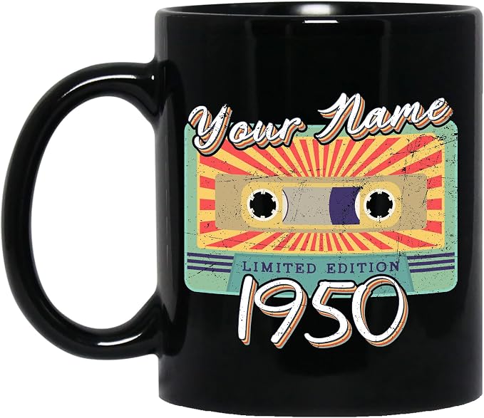 Personalized Vintage Cassette Tape Vintage 1950 Mug, Custom Your Name, 1950 Retro Coffee Mug, 72nd Birthday Present Gifts, 1950 Birthday Gift For Friends Family, Customizable Black Tea Cups