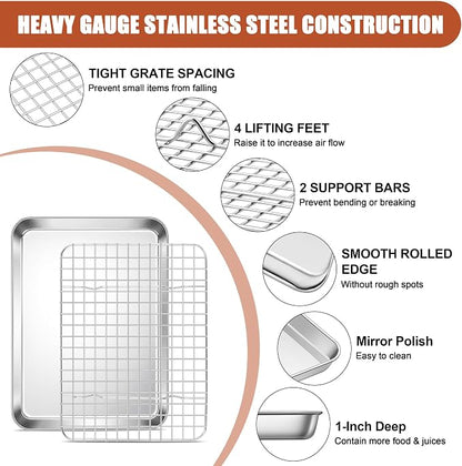 E-far Stainless Steel Baking Sheet with Wire Rack Set, 10.5” x 8.3” Cookie Sheet Baking Pan for Toaster Oven, Small Metal Tray with Cooling Rack for Cooking Roasting, Non-Toxic & Dishwasher Safe