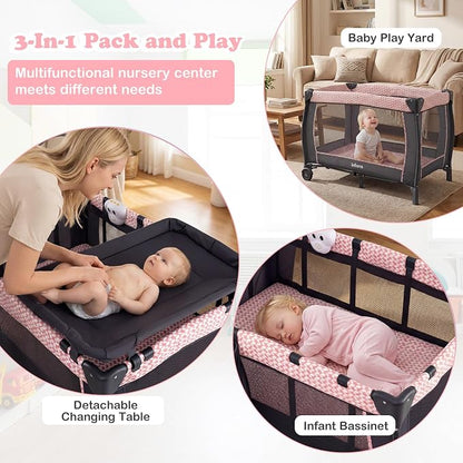 INFANS 3 in 1 Pack and Play, Portable Travel Baby Bassinet with Detachable Mattress, Changing Table, Foldable Playpen with Carry Bag, 2 Wheels (Pink Stripes)