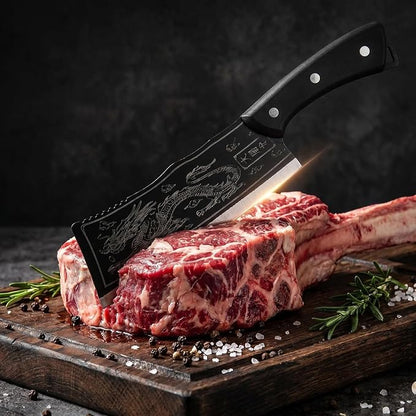 Dragon Engraved Chinese Cleaver with Sheath, High Carbon Stainless Steel Sharp Chef’s Tool for Kitchen, Meat Cleaver, Vegetable or Meat Cutting, Cool for Men, Ideal for Home Cooking or Camping