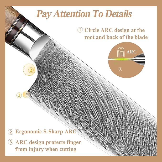 8 inch Japanese Damascus Chef Knife, Damascus Chefs Knife Kitchen Knives for All-Around Food Preparation, Japanese Super Steel Sharp Chef's Knives, Professional Resin Handle Chef Knife