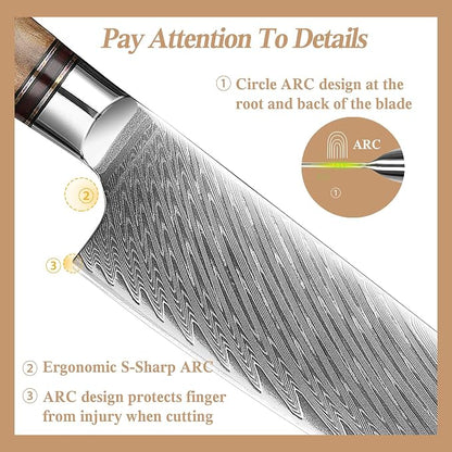 8 inch Japanese Damascus Chef Knife, Damascus Chefs Knife Kitchen Knives for All-Around Food Preparation, Japanese Super Steel Sharp Chef's Knives, Professional Resin Handle Chef Knife
