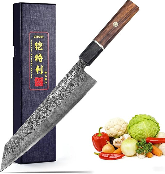 Kitory 8'' Kiritsuke Chef Knife, Lightweight Japanese Kitchen Knife with Octagonal Ebony Wood Handle, Black Stonewashed High-Carbon Stainless Steel Blade, Anti-Rust and Durable Sharp Cooking Knife