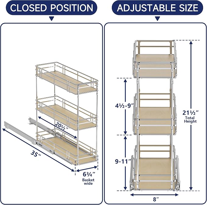8" W x 20.5" D 3-Tier Pull Out Spice Rack Organizer, Solid Wood Base Slide Out Cabinet Shelf for Narrow Kitchen Cabinets, Chrome Pantry Storage