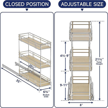 8" W x 20.5" D 3-Tier Pull Out Spice Rack Organizer, Solid Wood Base Slide Out Cabinet Shelf for Narrow Kitchen Cabinets, Chrome Pantry Storage