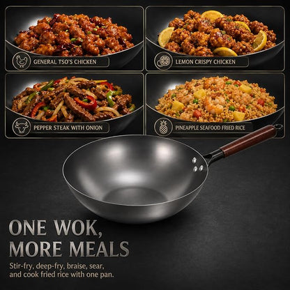 Calmabode 13” Large Flat Bottom Carbon Steel Wok with Glass Lid | Large deep wok, pre-seasoned nitrided carbon steel, amber glass lid, ideal for big family stir-fry, frying and hearty meals