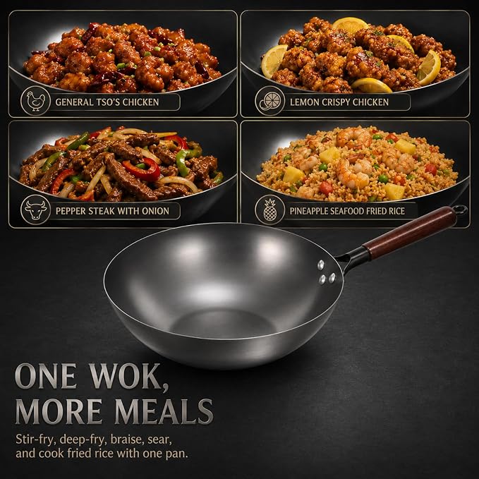 Calmabode 12” Flat Bottom Carbon Steel Wok with Glass Lid | Pre-seasoned nitrided carbon steel, amber glass lid, even heat base, ideal for wok hei, stir-fry and family meals