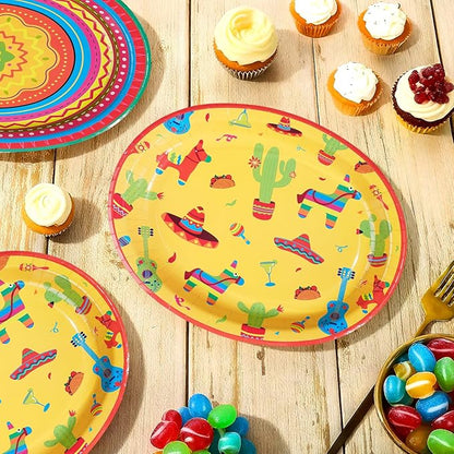 50Pcs Mexican Fiesta Oval Paper Plates 10" x 12" Large Heavy Duty Taco Carnival Disposable Plates Mexican Theme Cinco de Mayo Dessert Platters for Taco Tuesday Birthday Party Supplies Decor