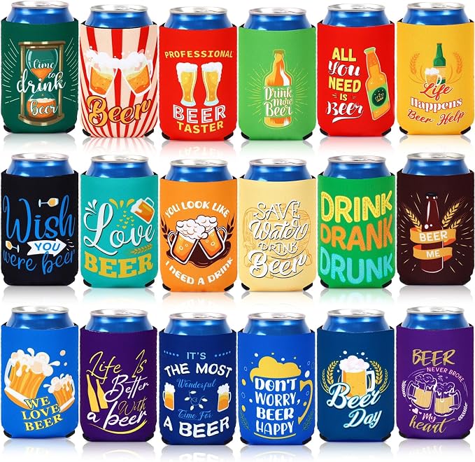 18 Pack Beer Can Cooler Sleeves Beer Can Bottle Cooler Collapsible for Holiday Father's Day Beach Themed Party Cans Bottles Decorations Office Bar Supplies Favors