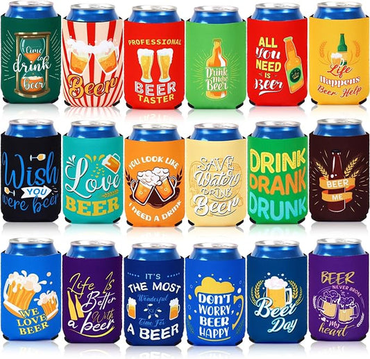 18 Pack Beer Can Cooler Sleeves Beer Can Bottle Cooler Collapsible for Holiday Father's Day Beach Themed Party Cans Bottles Decorations Office Bar Supplies Favors