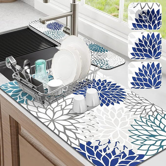 Findosom 2PCS 17" x 32" Dish Drying Mat & 24" x 5.5" Sink Splash Guard, Super Absorbent & Cuttable Dish Mat Drying Kitchen Mat with Blue Floral, Hide Stain Drying Mat for Kitchen Counter
