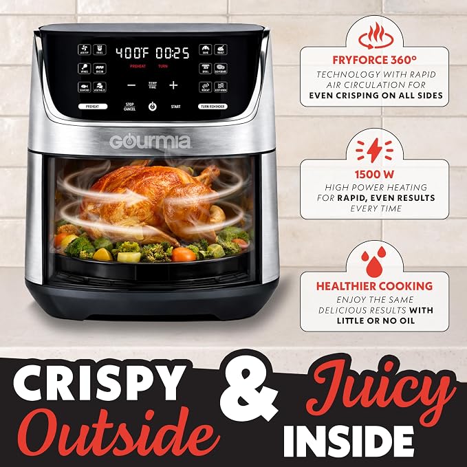 Gourmia Air Fryer - 7 Qt Capacity, LED Display, 12 One-Touch Presets, FryForce 360° Technology, Nonstick Dishwasher-Safe Basket & Crisper Tray, Stainless Steel