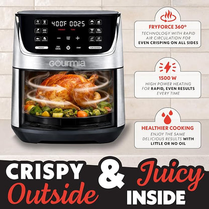 Gourmia Air Fryer - 7 Qt Capacity, LED Display, 12 One-Touch Presets, FryForce 360° Technology, Nonstick Dishwasher-Safe Basket & Crisper Tray, Stainless Steel