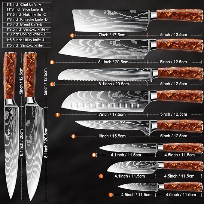8-Piece Premium Japanese Kitchen Knife Set - Star Collection, Laser Damascus Pattern, 440A Stainless Steel Ultra Sharp for Fast Cutting (Red 8J)