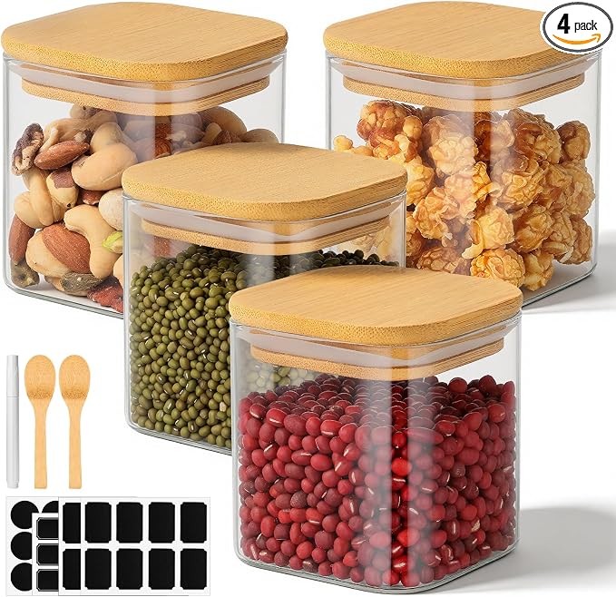 Square Glass Jars with Bamboo Lids, 12 Fl.oz Glass Storage Jars with Airtight Lids Set of 4, Clear Pantry Canister for Spice, Sugar, Coffee Bean, Tea, Oats - Included Labels, Marker and Spoon