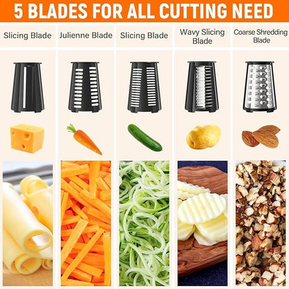 5 Blades Rotary Cheese Grater Hand Crank Vegetable Chopper Shredder Spiralizer Slicer Mandoline for Vegetable & Cheese & Fruit, Food Chopper for Kitchen with Blades Storage Box & Suction Base (Black)