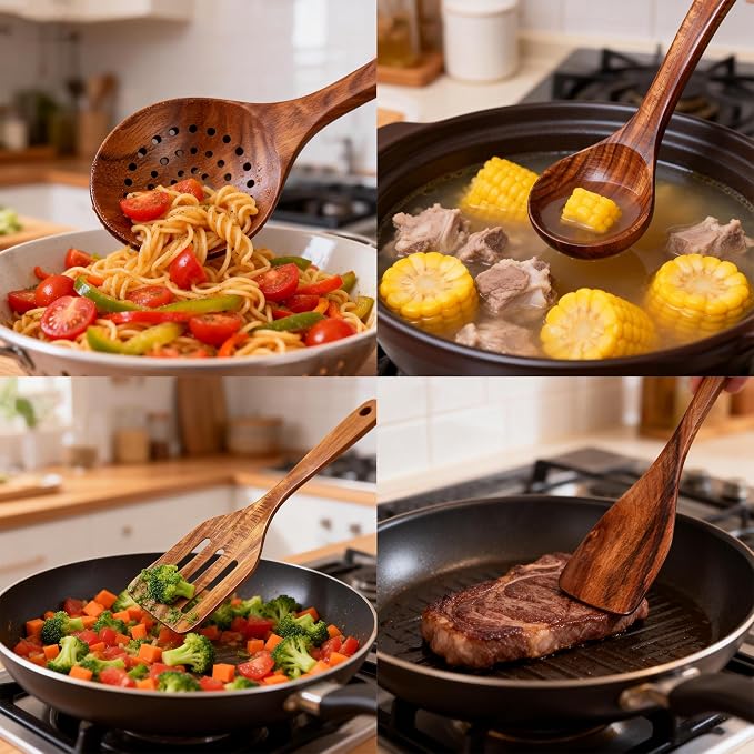Wooden Spoons for Cooking, 10 Pcs Acacia Wood Cooking Utensils Set with Hand Painted Holder, Wooden Kitchen Utensils Set for Nonstick Cookware, Gift Box