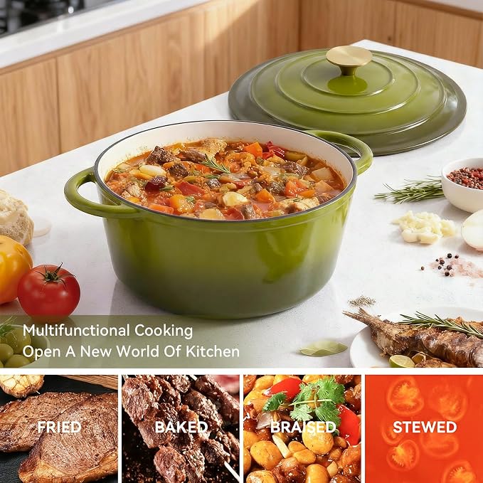 Miereirl 4.5 Quart Enameled Dutch Oven Pot with Lid, Cast Iron Dutch Oven with Dual Handles for Bread Baking, Cooking, Non-stick Enamel Coated Cookware, Golden Green
