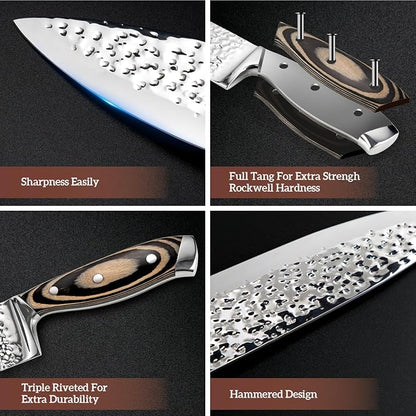 Knife Sets for Kitchen,15-piece Hammered Desgin Knife Set with Block and Sharpener, High Carbon Stainless Steel Chef Knives with Grey Triple Rivet Handle, Ultra Sharp and Dishwash Safe